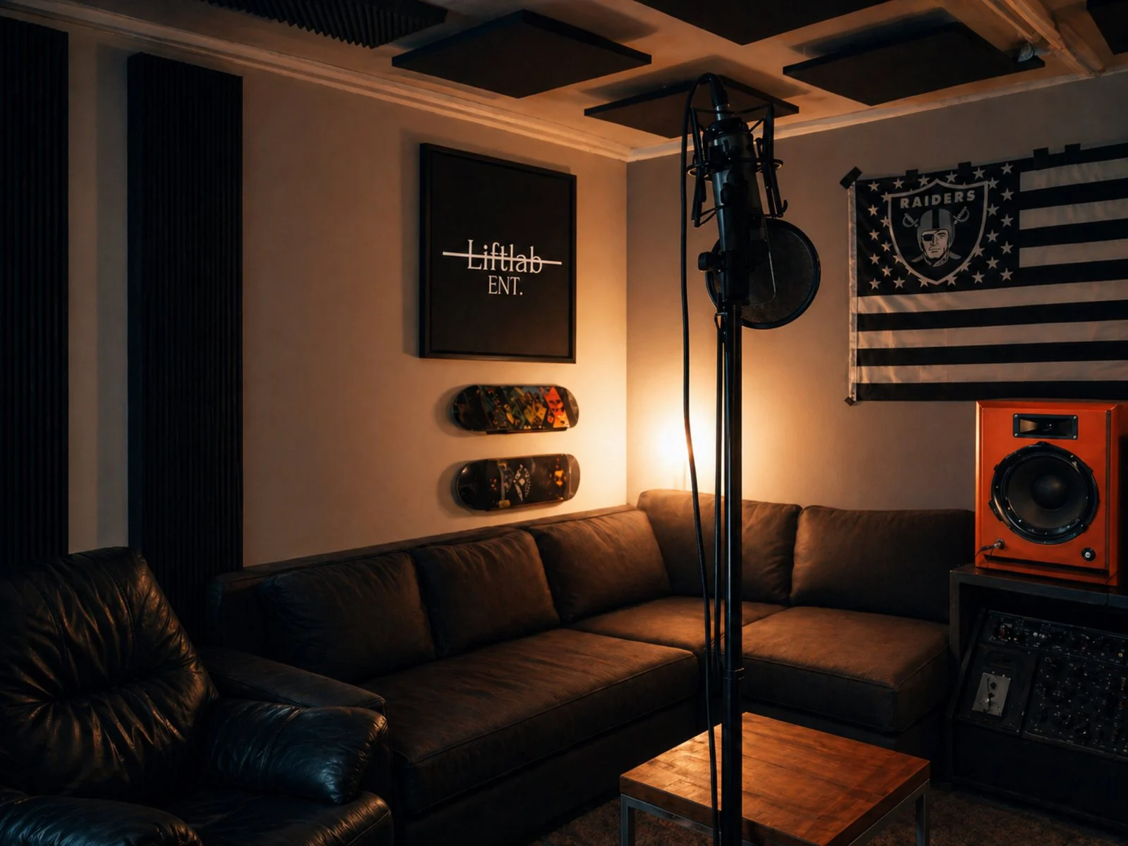 LiftLab lounge with sofa, vocal microphone and studio monitor