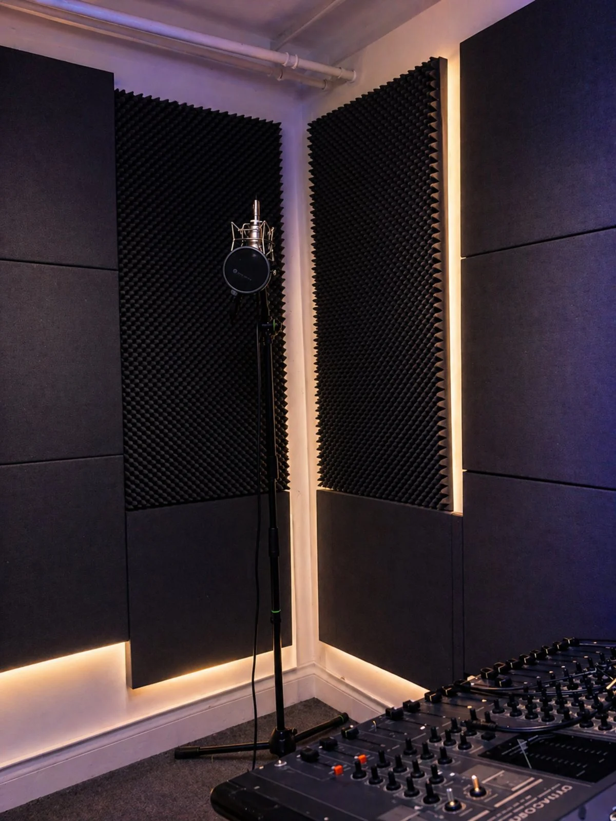 LiftLab vocal microphone and pop filter in the acoustically treated booth